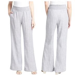 Evereve Pants Womens Large Gray White Striped Larissa Linen Wide Leg Pull On
